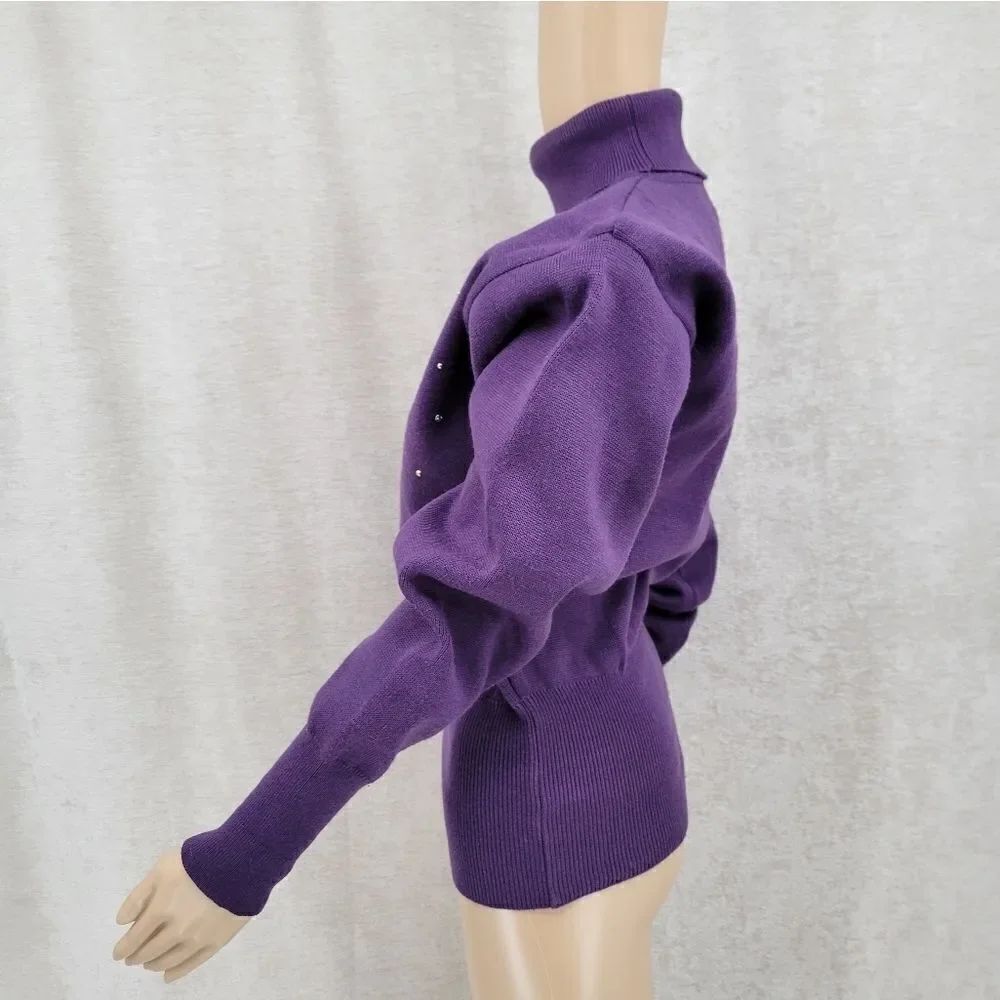 Kaelin 80s Purple Embellished Turtleneck Sweater Cinched Waist Vintage Women's - Picture 6 of 13
